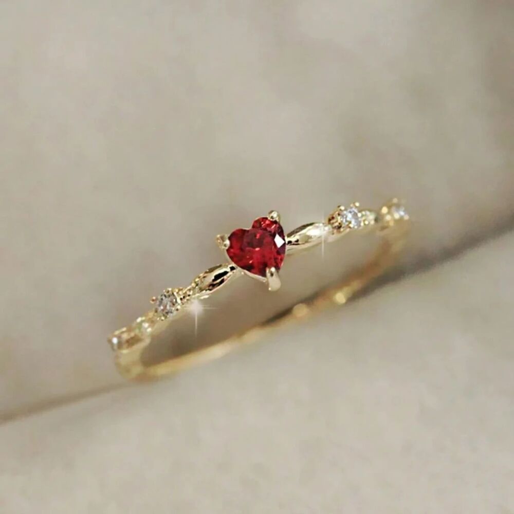 Dainty Red Heart Gemstone Crystal Ring Multi Glass Stones Gold Fashion sz: 7